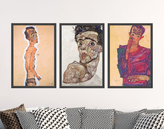 Set of Three Egon Schiele Self-Portrait Prints - 3 Classic Paintings - Photo Poster Wall Art Gift Giclée - Bare Shoulder #ATTEMPT4