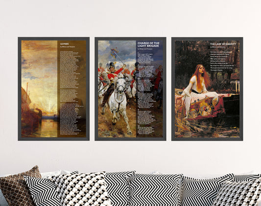 Set of Three Alfred Tennyson Prints - 3 Poem Posters - Photo Wall Art Gift Giclée - Ulysses, The Lady of Shalott, Charge of Light Brigade