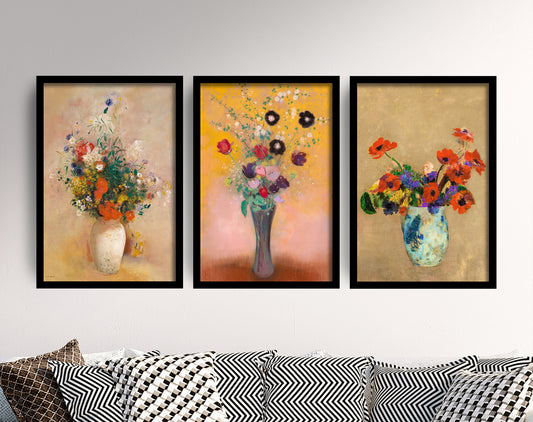 Set of Three Odilon Redon Prints - 3 Bouquet of Flowers Paintings - Photo Poster Wall Art Gift Giclée Museum Quality Illustration Botanical