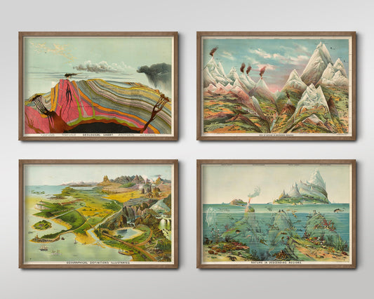 Set of Four Levi Walter Yaggy Prints - 4 Classic Paintings - Photo Poster Wall Art Gift Giclée Museum Quality - Geological Chart, Sea Life