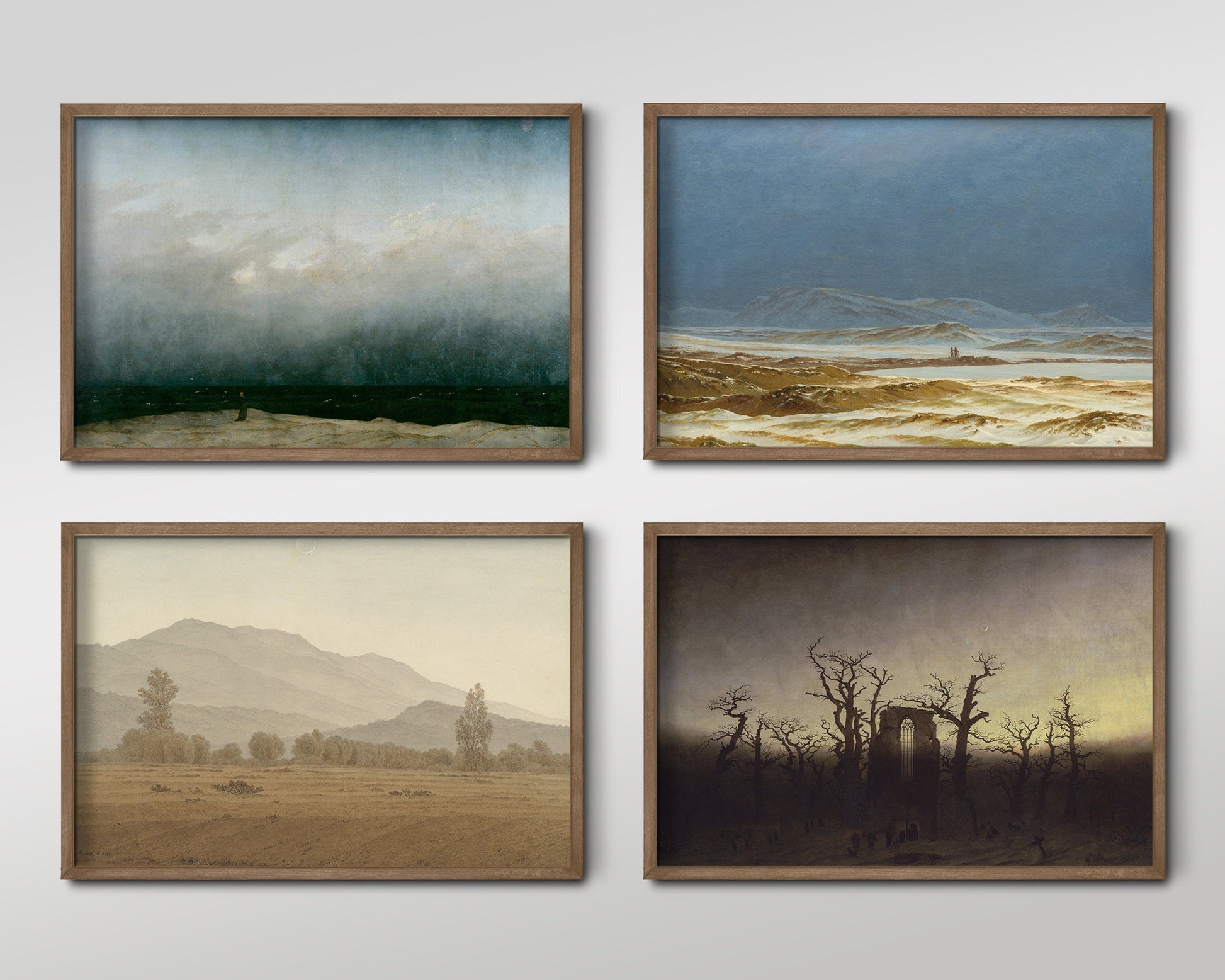 Set of Four Caspar David Friedrich Prints - 4 Classic Paintings - Photo Poster Wall Art Gift Giclée Museum Quality - Cool Tones, Minimalist