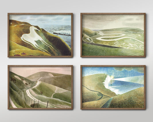 Set of Four Eric Ravilious Prints - 4 Classic Paintings - Photo Poster Wall Art Gift Giclée Museum Quality - Sussex Landscapes, South Downs