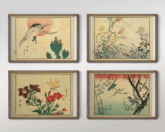 Set of Four Hiroshige II Prints - 4 Classic Paintings - Photo Poster Wall Art Gift Giclée Museum Quality - Japanese Ukiyo-e Birds Flowers