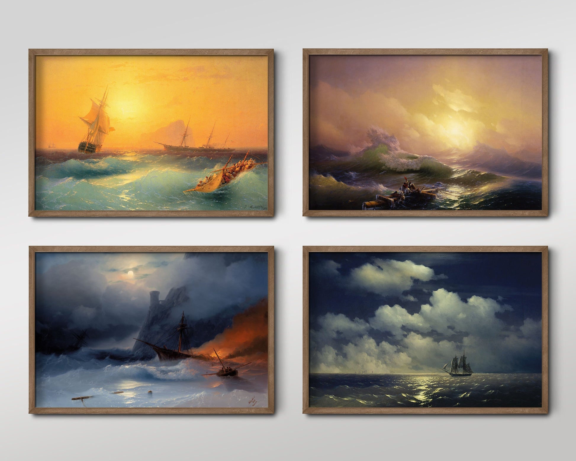 Set of Four Ivan Aivanzovsky Prints - 4 Classic Paintings - Photo Poster Wall Art Gift Giclée Museum Quality - Golden Tones Ocean Sea Boats