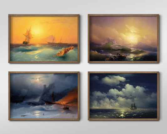 Set of Four Ivan Aivanzovsky Prints - 4 Classic Paintings - Photo Poster Wall Art Gift Giclée Museum Quality - Golden Tones Ocean Sea Boats