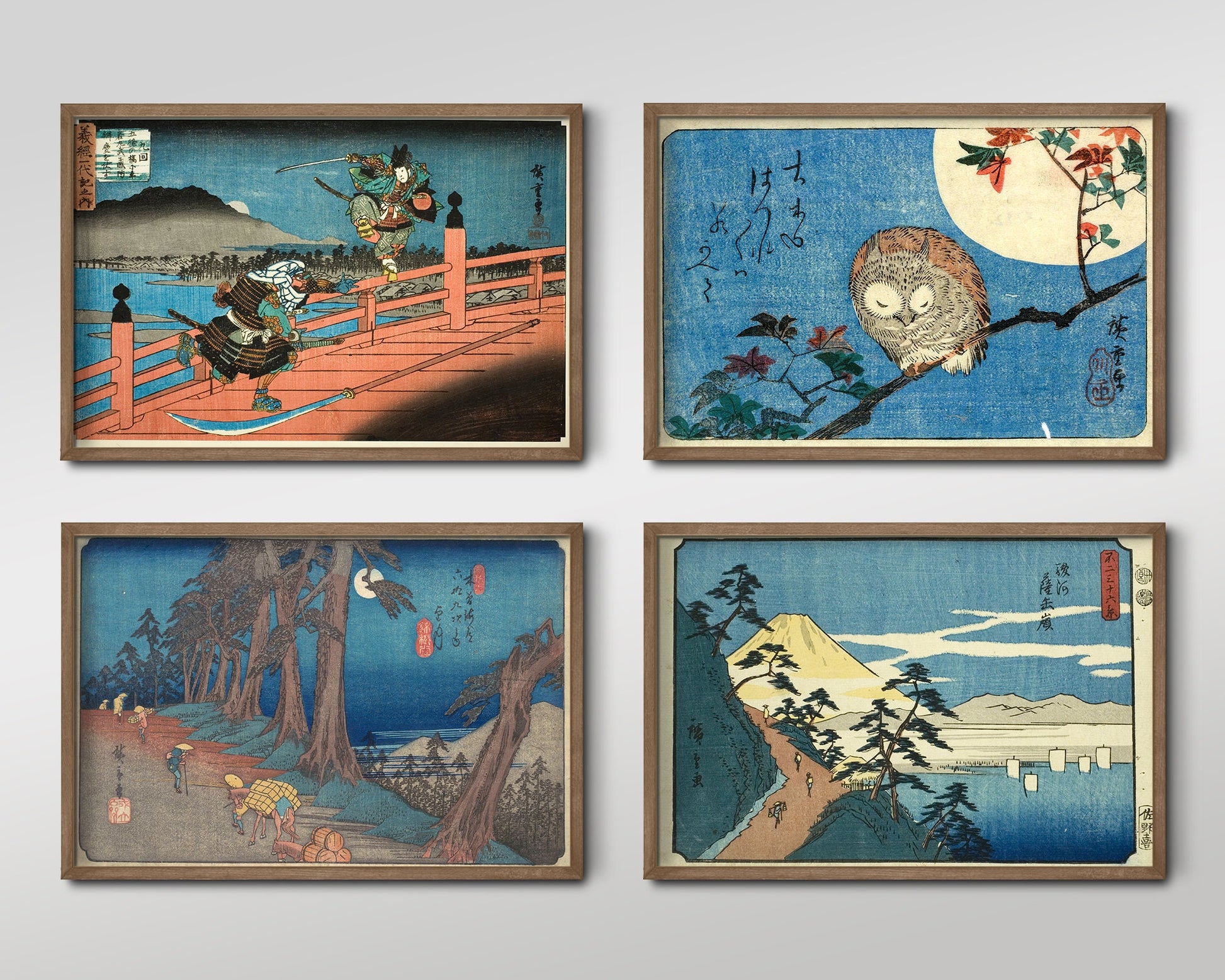 Set of Four Utagawa Hiroshige - 4 Classic Paintings - Photo Poster Wall Art Gift Giclée Museum Quality - Blue Tones, Owl Mount Fuji Ukiyo-e