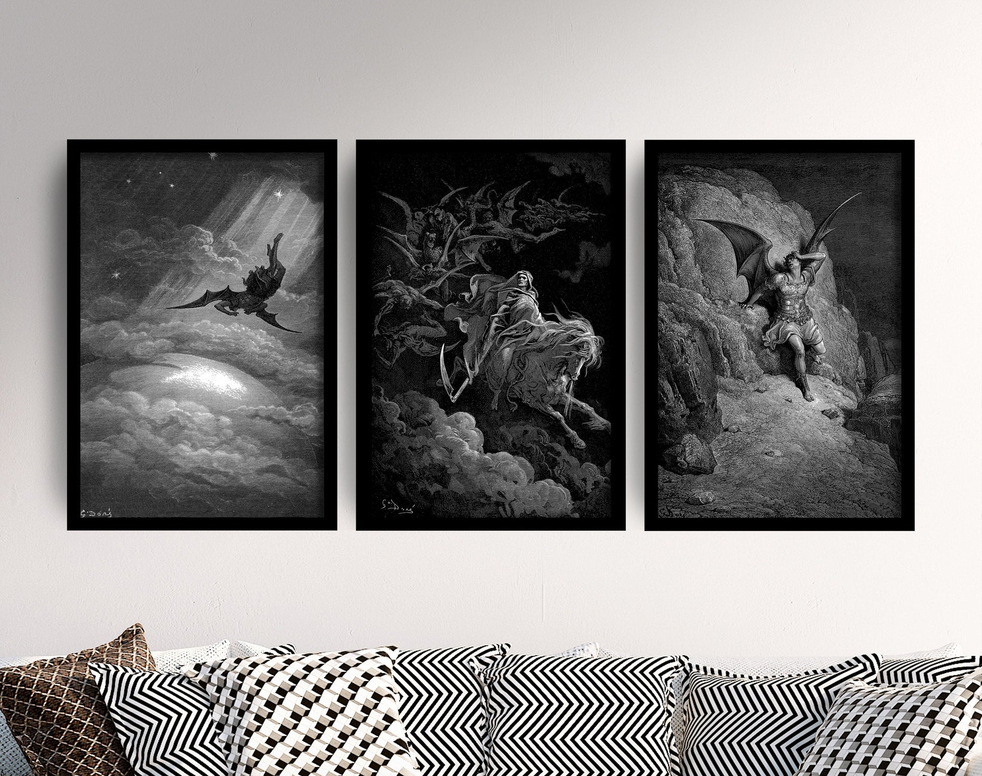 Set of Three Gustave Dore Prints - 3 Classic Paintings - Photo Poster Wall Art Gift Giclée Museum Quality - Fall of Satan Descending