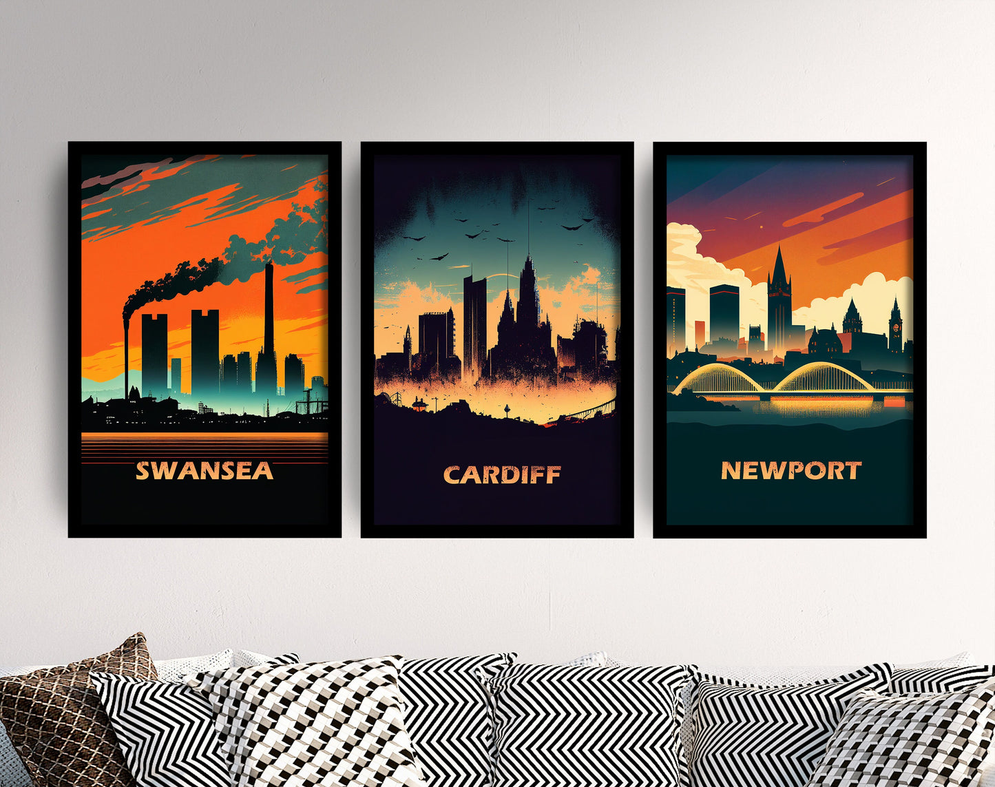 Set of Three Futuristic Welsh Skyline Prints - 3 Paintings Poster Wall Art Gift Giclée - Wales Swansea Cardiff Newport Map Sunet Sunrise