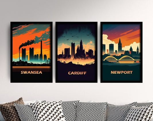 Set of Three Futuristic Welsh Skyline Prints - 3 Paintings Poster Wall Art Gift Giclée - Wales Swansea Cardiff Newport Map Sunet Sunrise