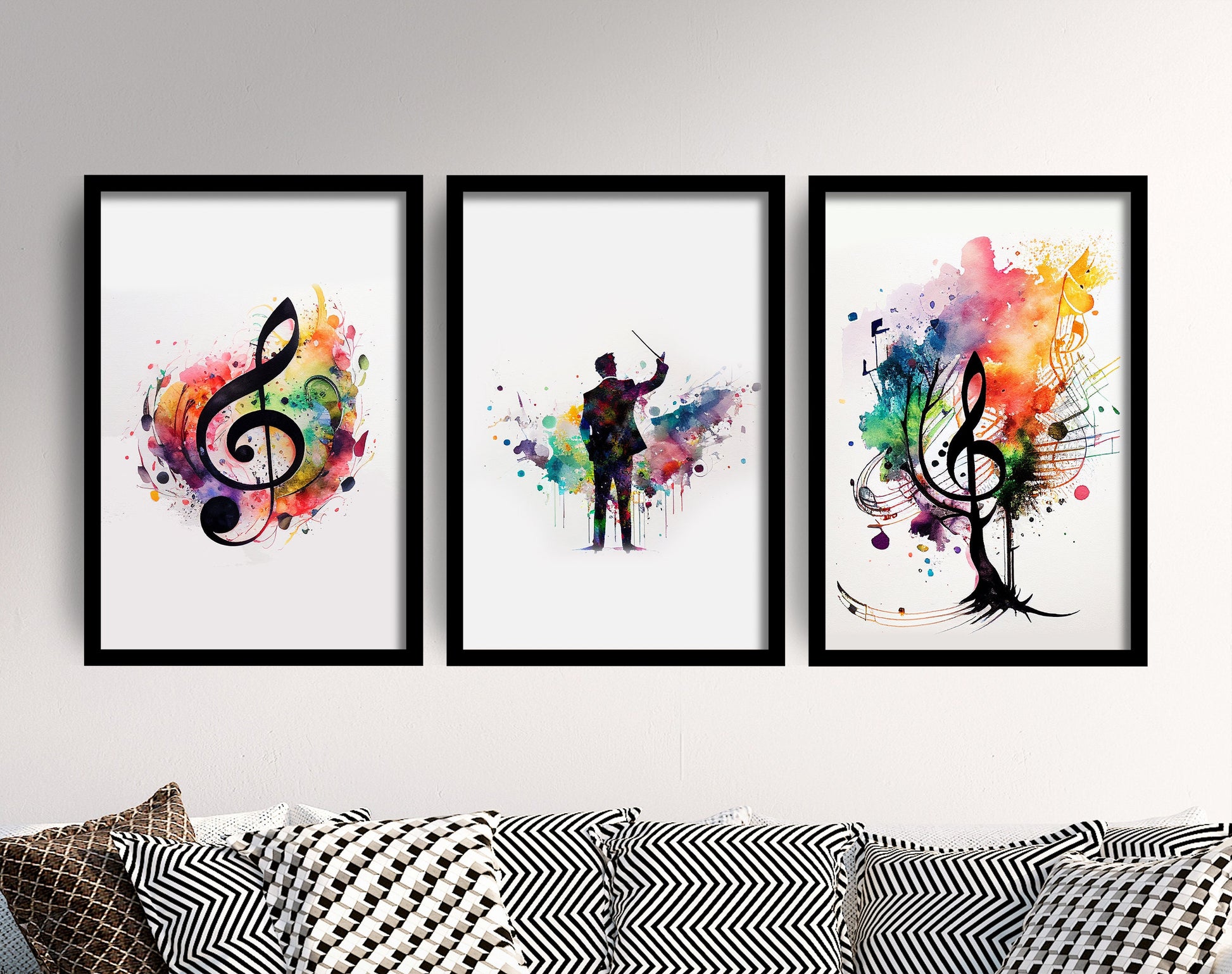 Set of Three Music Watercolour Prints - 3 Art Paintings Poster Photo Wall Gift Museum Giclée - Composer, Notes, Double Clef, Music Room