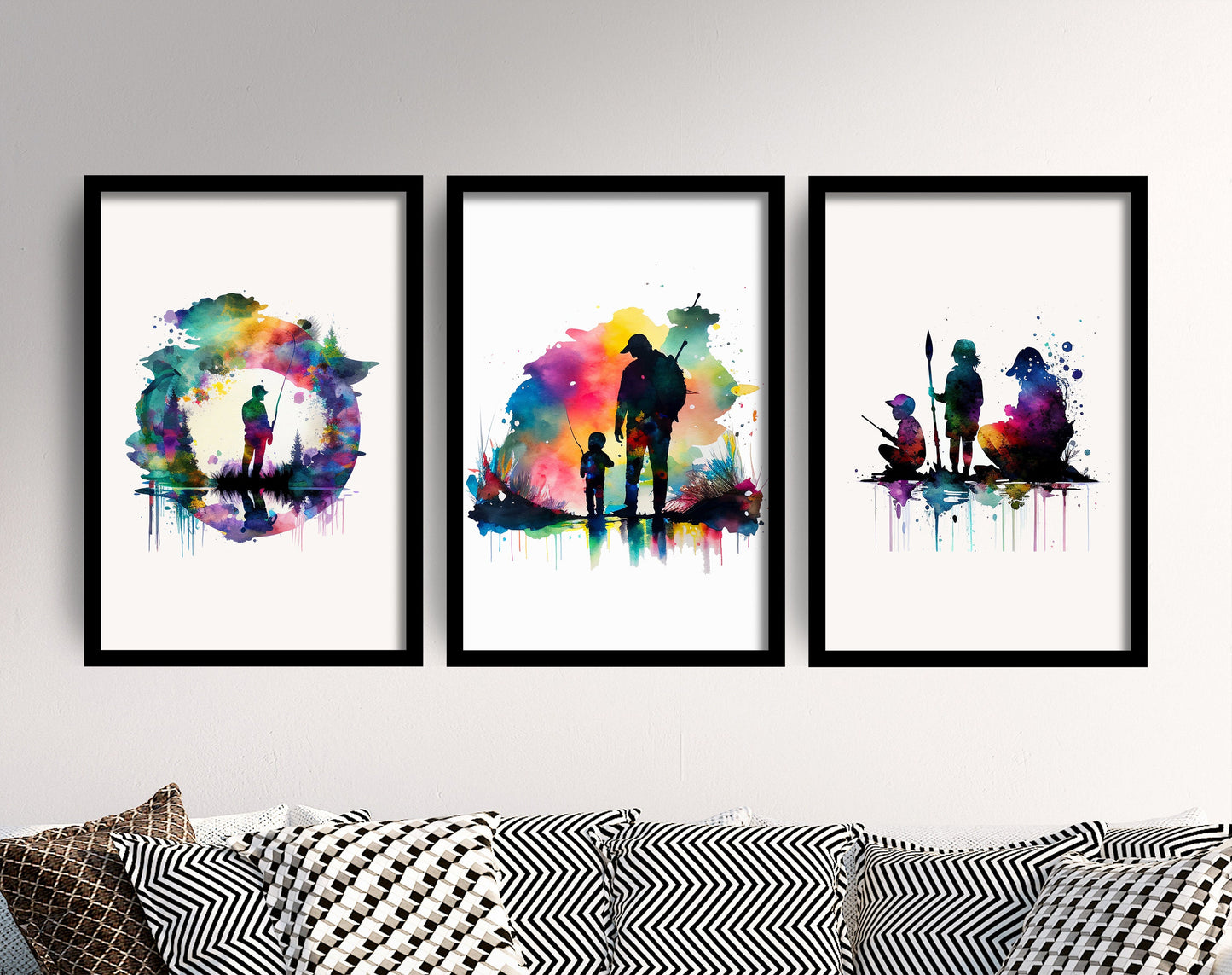 Set of Three Family Fishing Prints - 3 Art Paintings Poster Photo Wall Museum Giclée - Father and Son, Father Fishing, Kids, Fish, Line