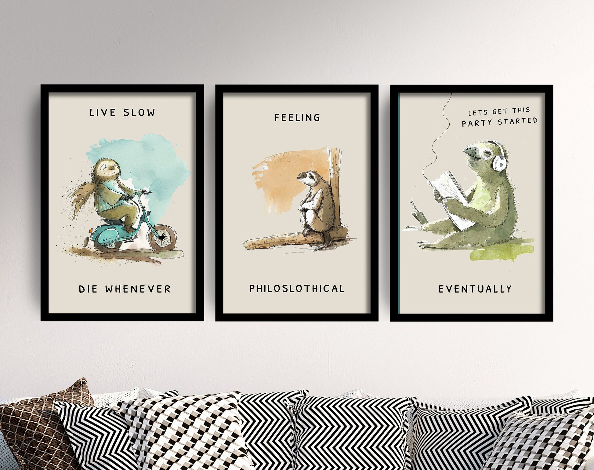 Set of Three Funny Sloth Prints - Set of 3 Comedy Posters - Photo Wall Art Gift Giclée Museum Quality, Two Toed, Three Toed, Live Slow