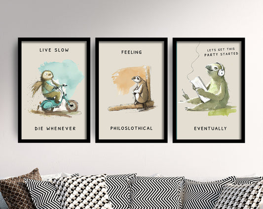 Set of Three Funny Sloth Prints - Set of 3 Comedy Posters - Photo Wall Art Gift Giclée Museum Quality, Two Toed, Three Toed, Live Slow