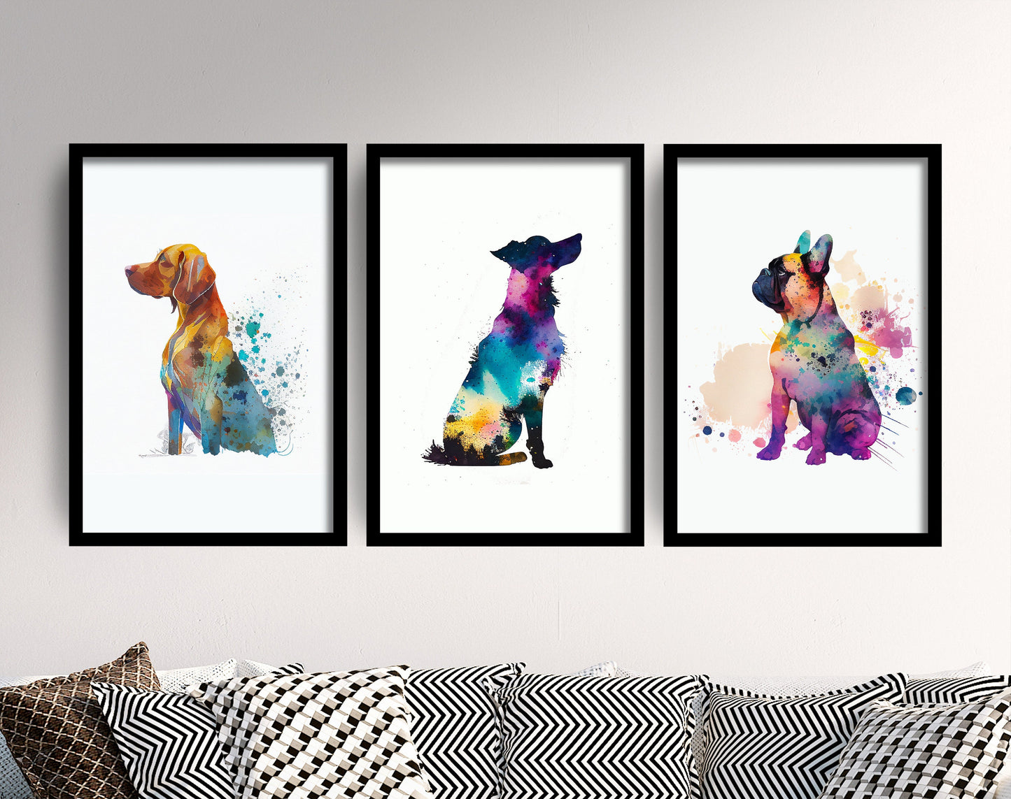 Set of Three Dog Watercolour Prints - 3 Art Paintings Poster Photo Wall Gift Museum Giclée - French Bulldog, Hungarian Vizsla, Floppy Ear