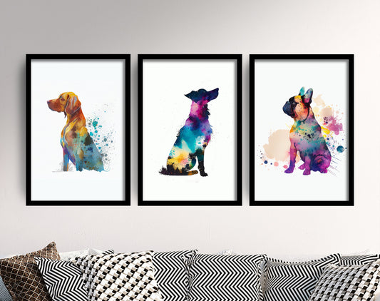 Set of Three Dog Watercolour Prints - 3 Art Paintings Poster Photo Wall Gift Museum Giclée - French Bulldog, Hungarian Vizsla, Floppy Ear