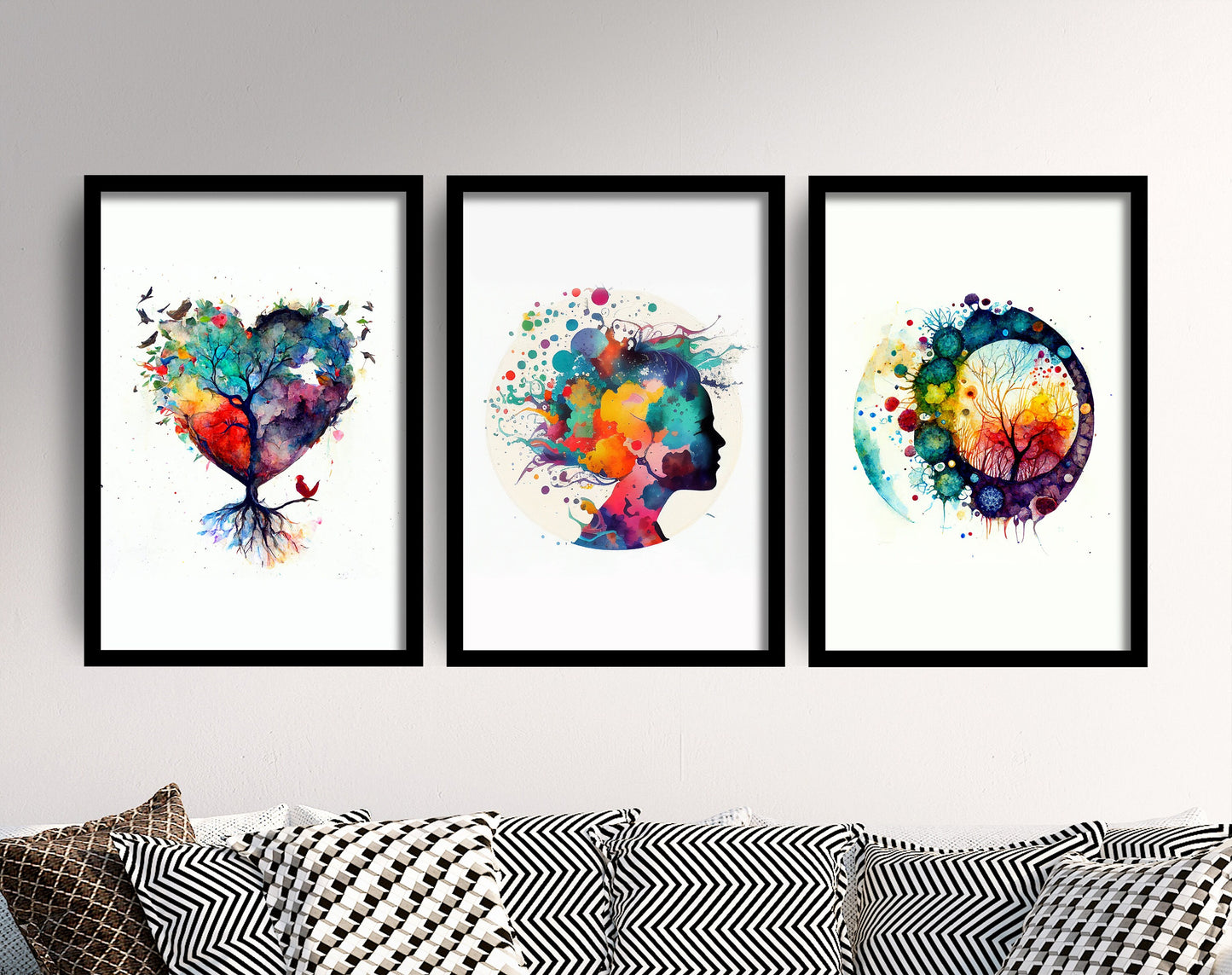 Set of Three Psychology Watercolour Prints - 3 Art Paintings Poster Photo Wall Gift Museum Giclée - Brain, Tree, Heart, Microbiology, Head