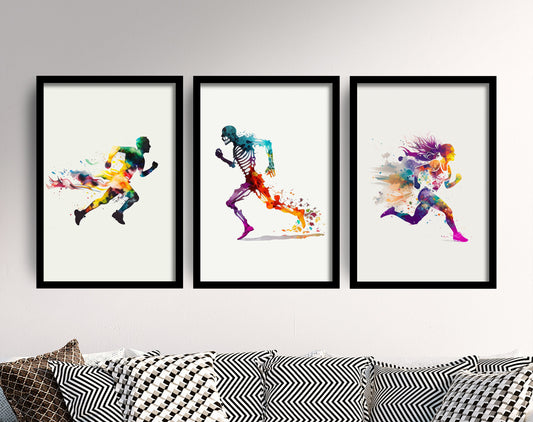 Set of Three Sprinting Watercolour Prints - 3 Art Paintings Poster Photo Wall Museum Giclée - Running, Jogging, Female Runner, Girl, Women