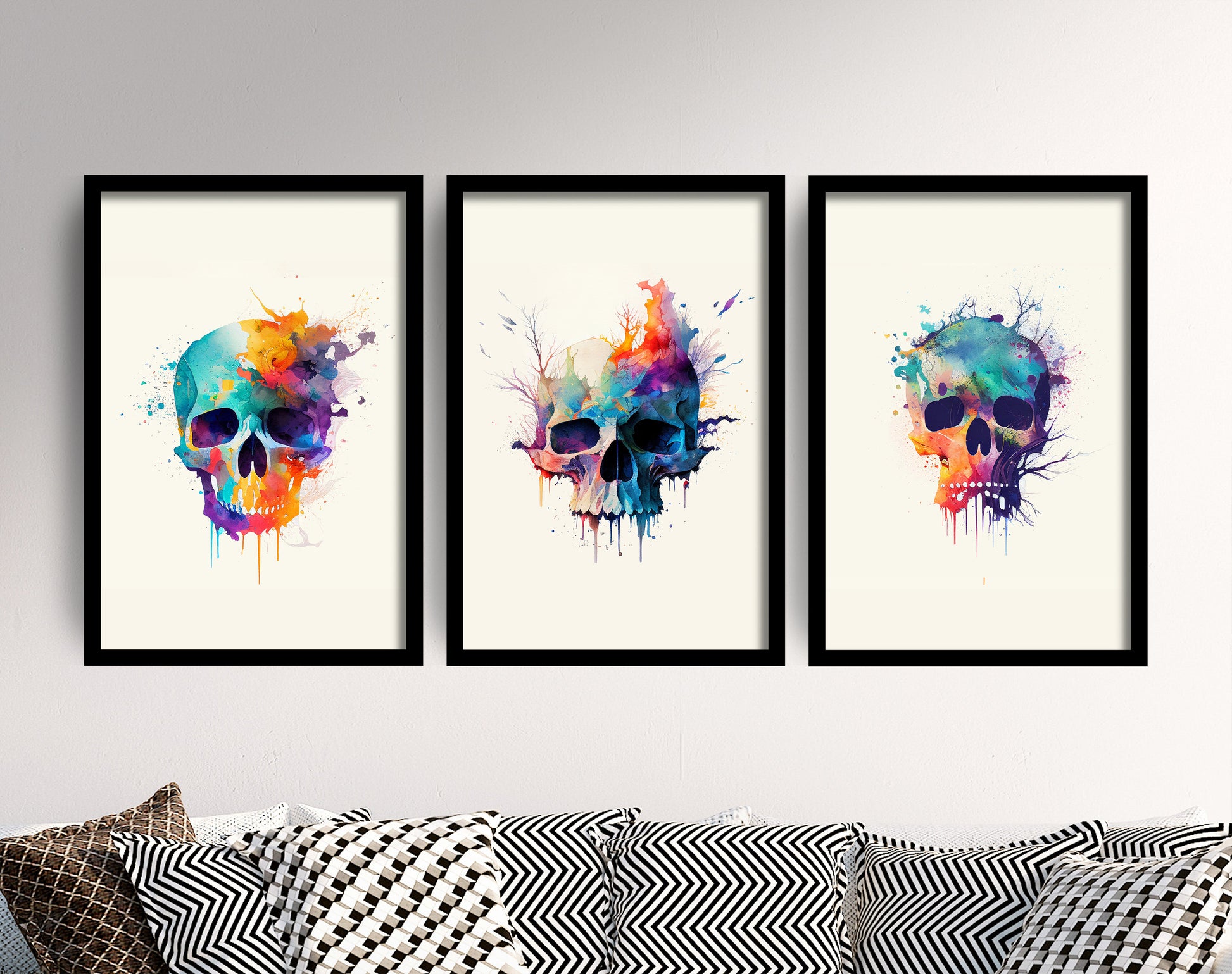 Set of Three Skull Watercolour Prints - 3 Art Paintings Poster Photo Wall Gift Museum Giclée - Halloween Human Head, Cranium Bone Abstract