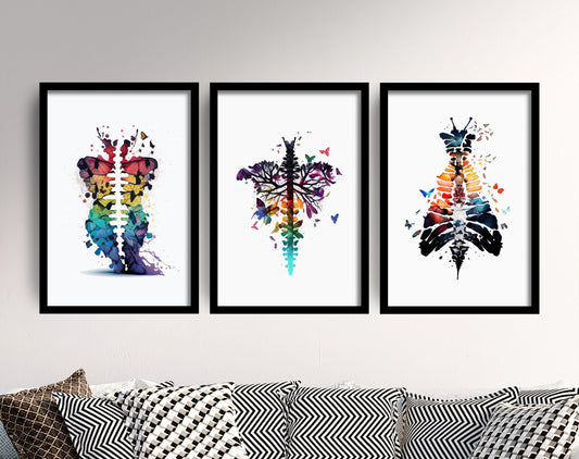 Set of Three Spine with Butterflies Prints - 3 Art Paintings Poster Photo Wall Gift Museum Giclée - Human Bones, Physiotherapy, Rehab, Bones