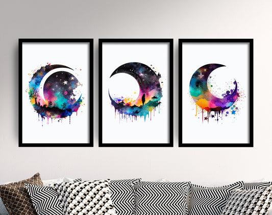 Set of Three Moon and Stars Prints - 3 Art Paintings Poster Photo Wall Gift Museum Giclée - Kids Room, Nursery Room, Classroom, Astronomy