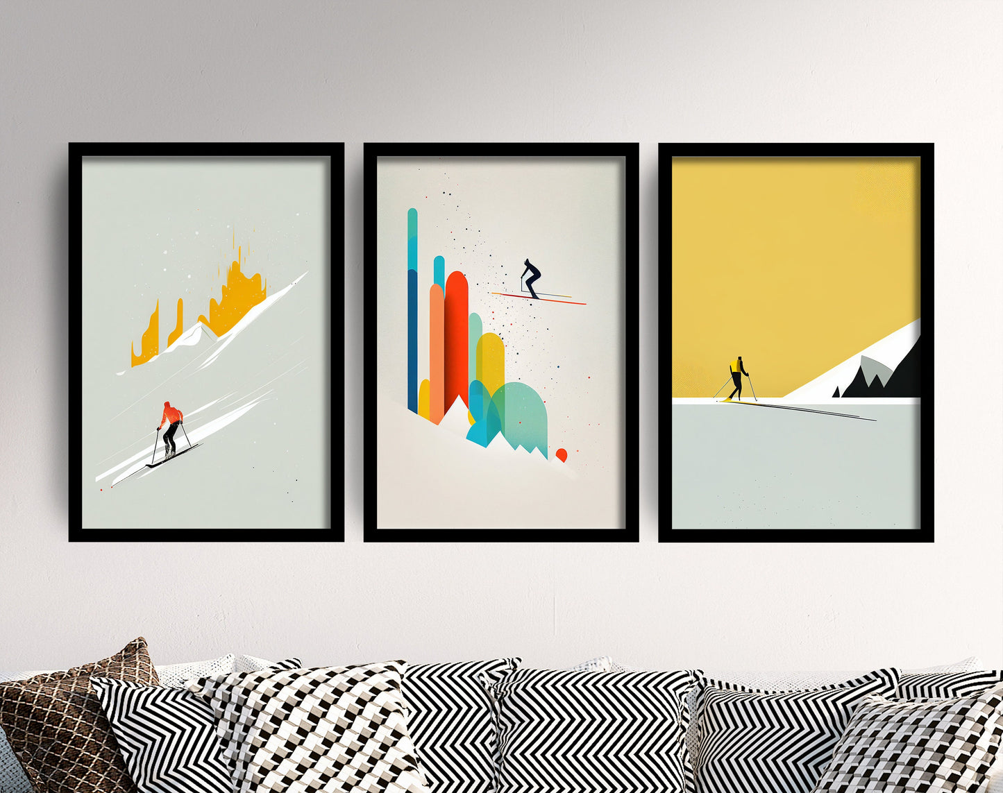 Set of Three Skiing Prints - 3 Art Paintings Poster Photo Wall Gift Museum Giclée - Ski Slopes, Sking, Gondola, Abstract, Minimalist, Alpine