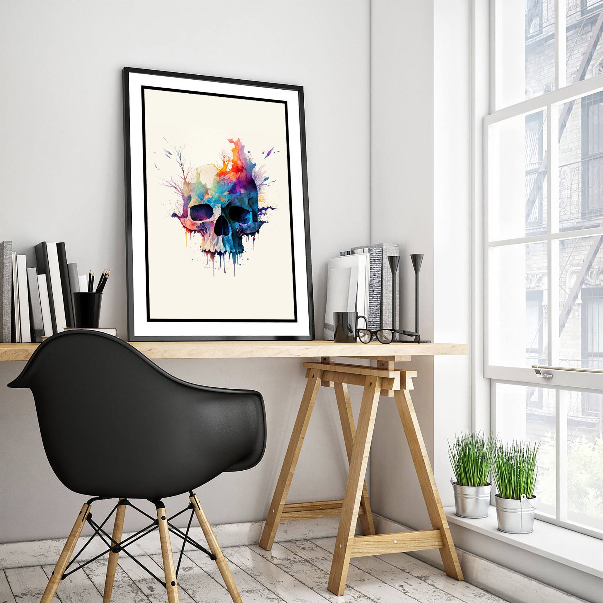 Set of Three Skull Watercolour Prints - 3 Art Paintings Poster Photo Wall Gift Museum Giclée - Halloween Human Head, Cranium Bone Abstract