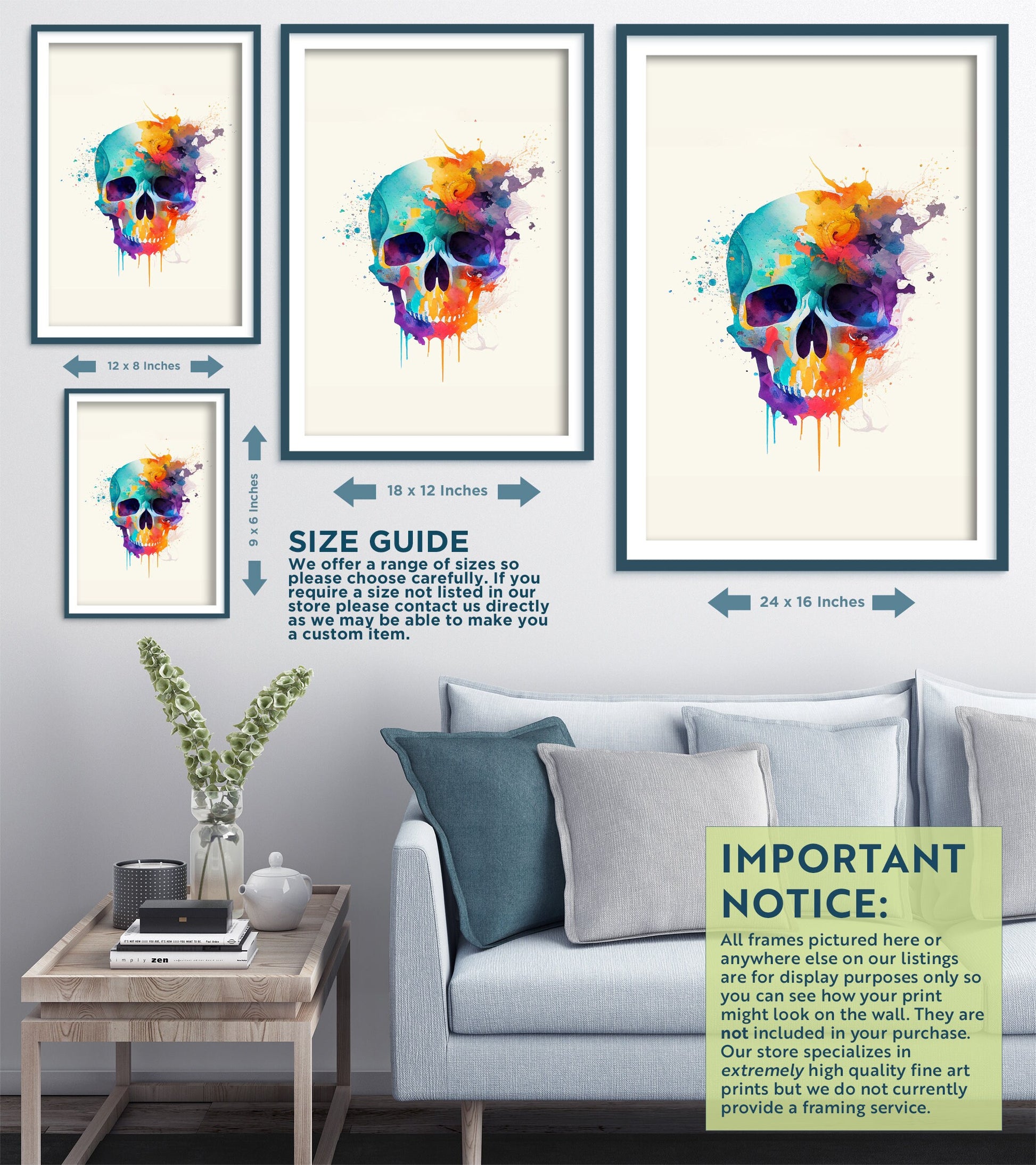 Set of Three Skull Watercolour Prints - 3 Art Paintings Poster Photo Wall Gift Museum Giclée - Halloween Human Head, Cranium Bone Abstract