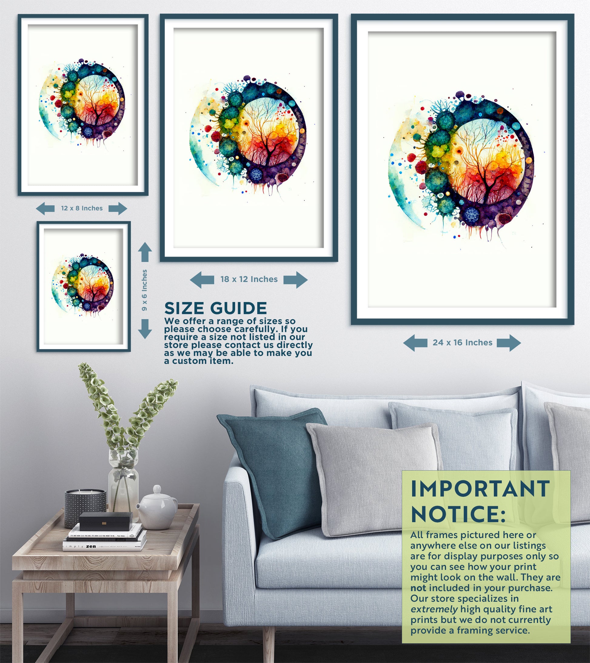 Set of Three Psychology Watercolour Prints - 3 Art Paintings Poster Photo Wall Gift Museum Giclée - Brain, Tree, Heart, Microbiology, Head