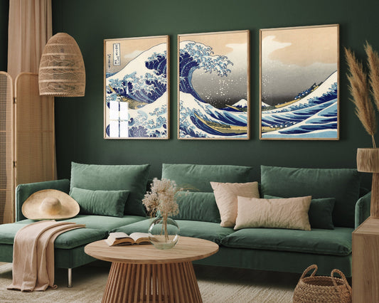 Set of Three Katsushika Hokusai Prints - The Great Wave Triptych - 3 Paintings Photo Poster Wall Art Gift Museum Giclee Ocean Water Japan