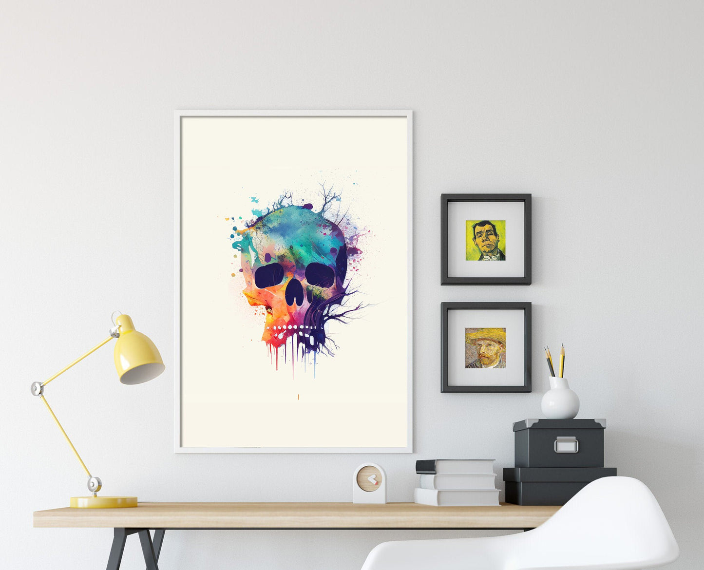 Set of Three Skull Watercolour Prints - 3 Art Paintings Poster Photo Wall Gift Museum Giclée - Halloween Human Head, Cranium Bone Abstract