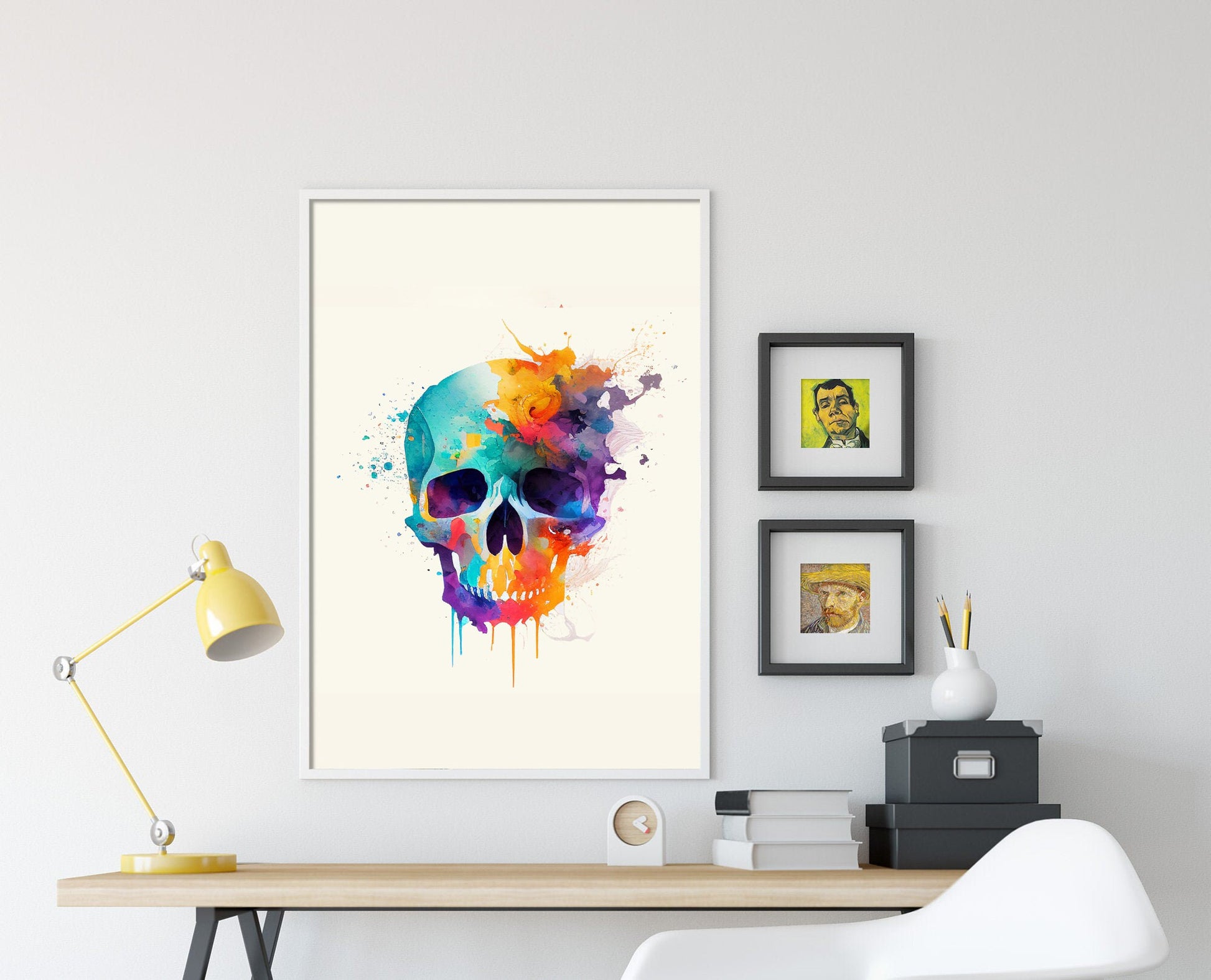 Set of Three Skull Watercolour Prints - 3 Art Paintings Poster Photo Wall Gift Museum Giclée - Halloween Human Head, Cranium Bone Abstract