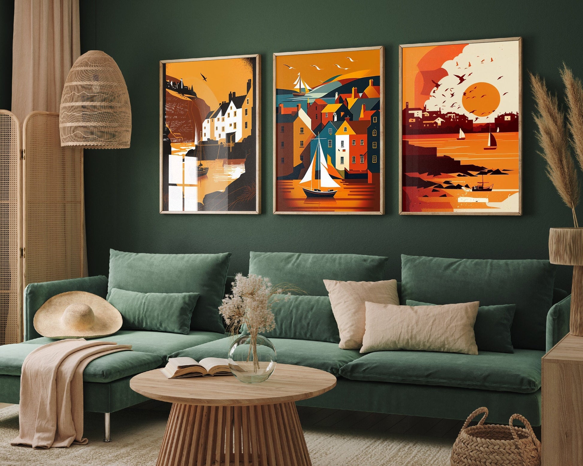 Cornwall in Autumn - Set of Three Art Prints - Posters of Polperro, Falmouth and St. Ives - Paintings in Orange - Set of 3 Home Wall Décor