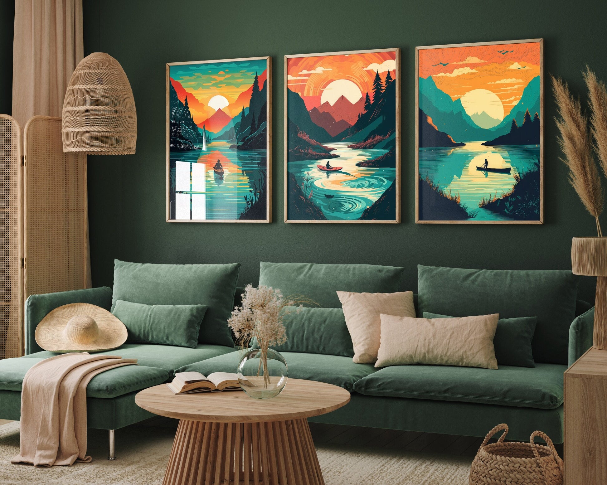 Set of Three Sunset Posters - Mountains and Water Paintings - Kayak and Canoe Art Prints - Futuristic Home Décor Big Moon Sun