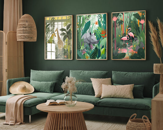 The Botanical Room - Set of Three Animal Prints - Giraffe Poster, Rhino Art, Flamingo Painting - Nature Garden Home Décor Wall Giclee