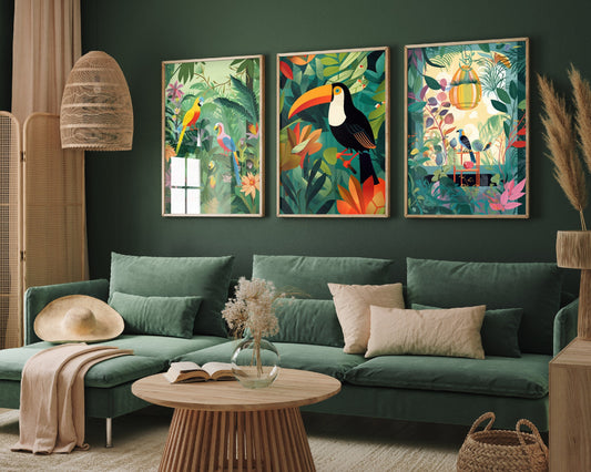 The Botanical Room - Set of Three Bird Prints - Toucan Poster, Parrot Art, Birdcage Painting - Nature Garden Home Décor Wall Giclee