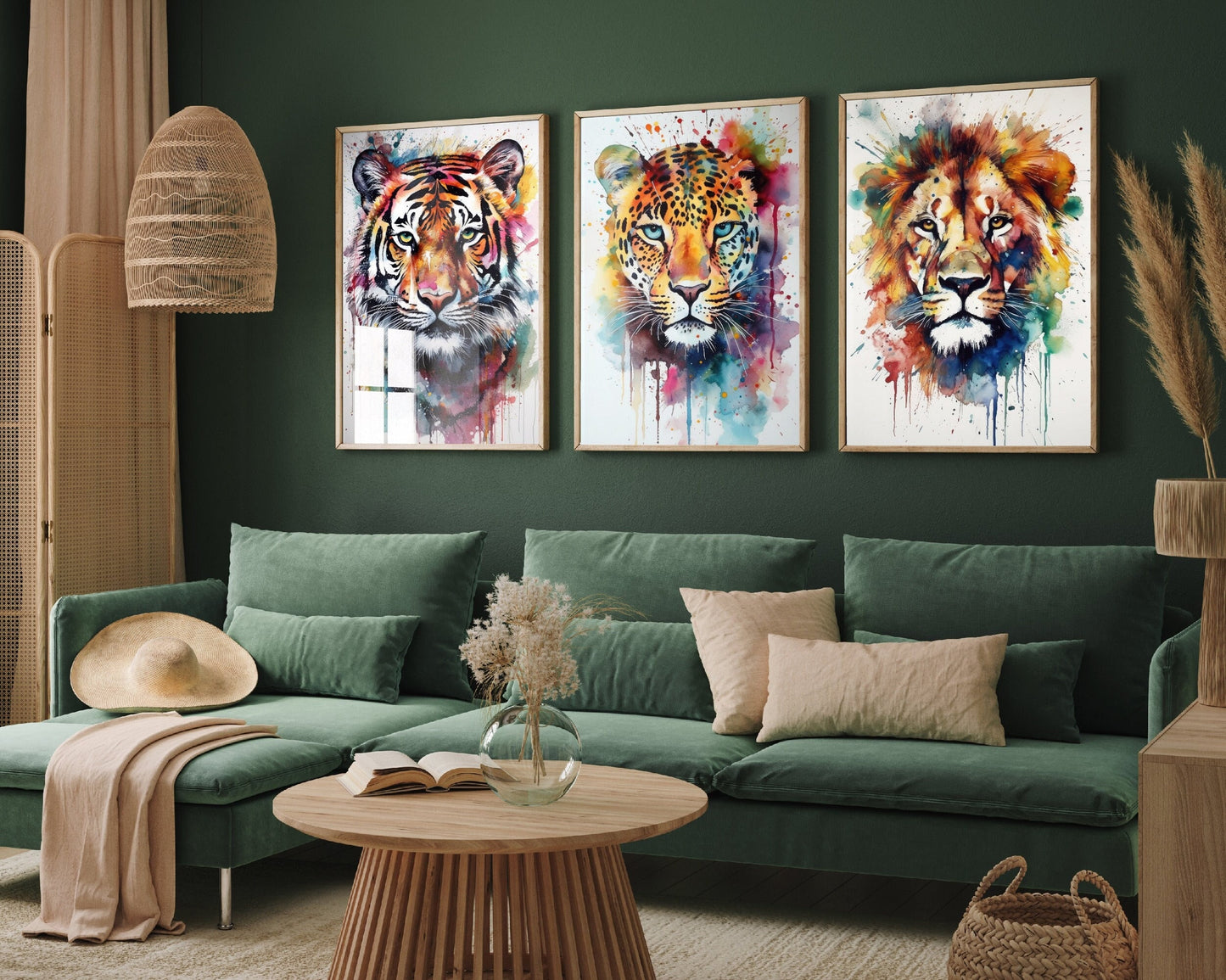 Animal Portraits Set of Three Paintings - Close Up Watercolour Art Prints - Tiger, Leopard and Lion Posters - Safari Africa Cheetah