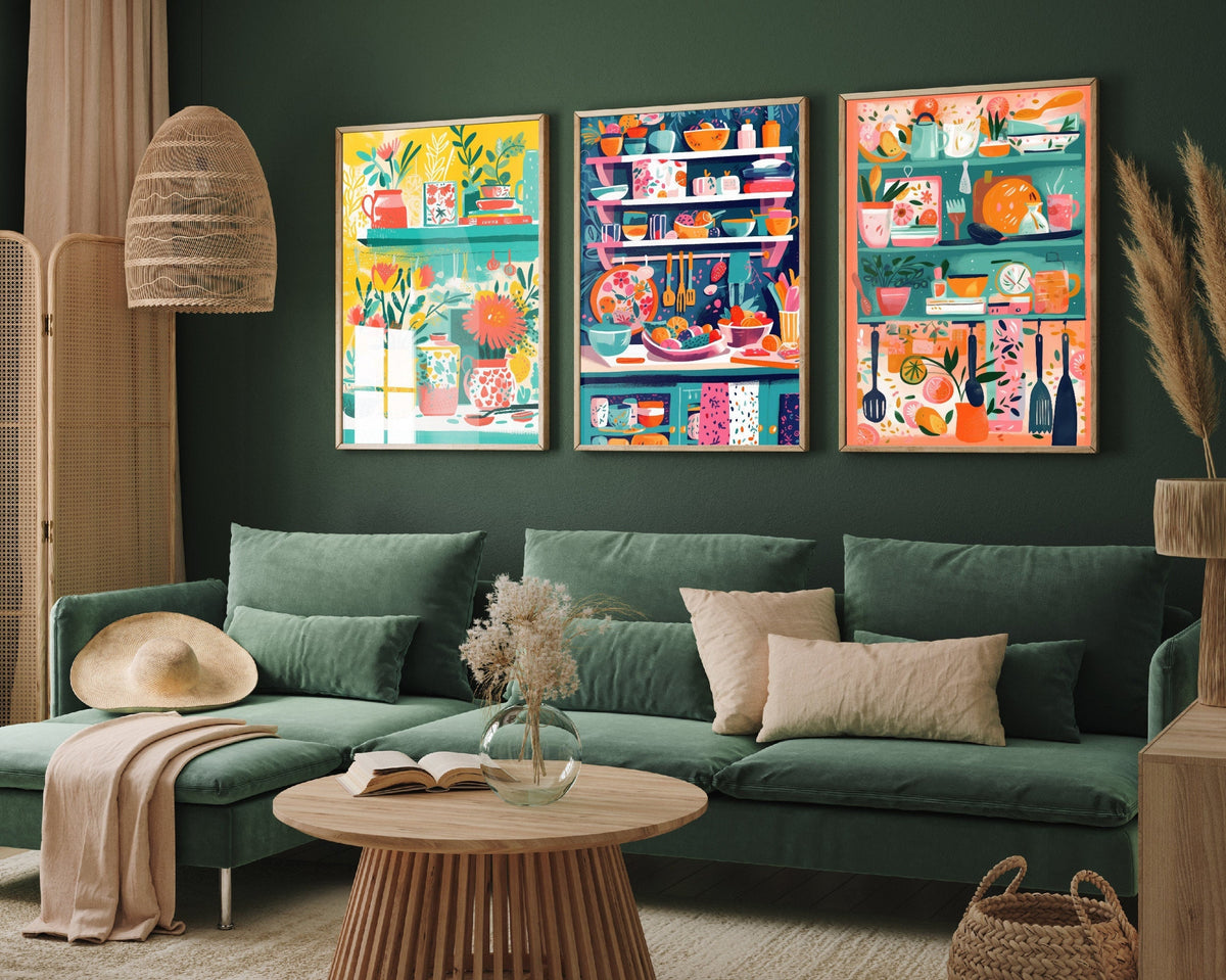 Abstract Kitchen Prints Abstract Fun Kitchen Artwork - Set of Three Art Prints - Bowls and Spo ...