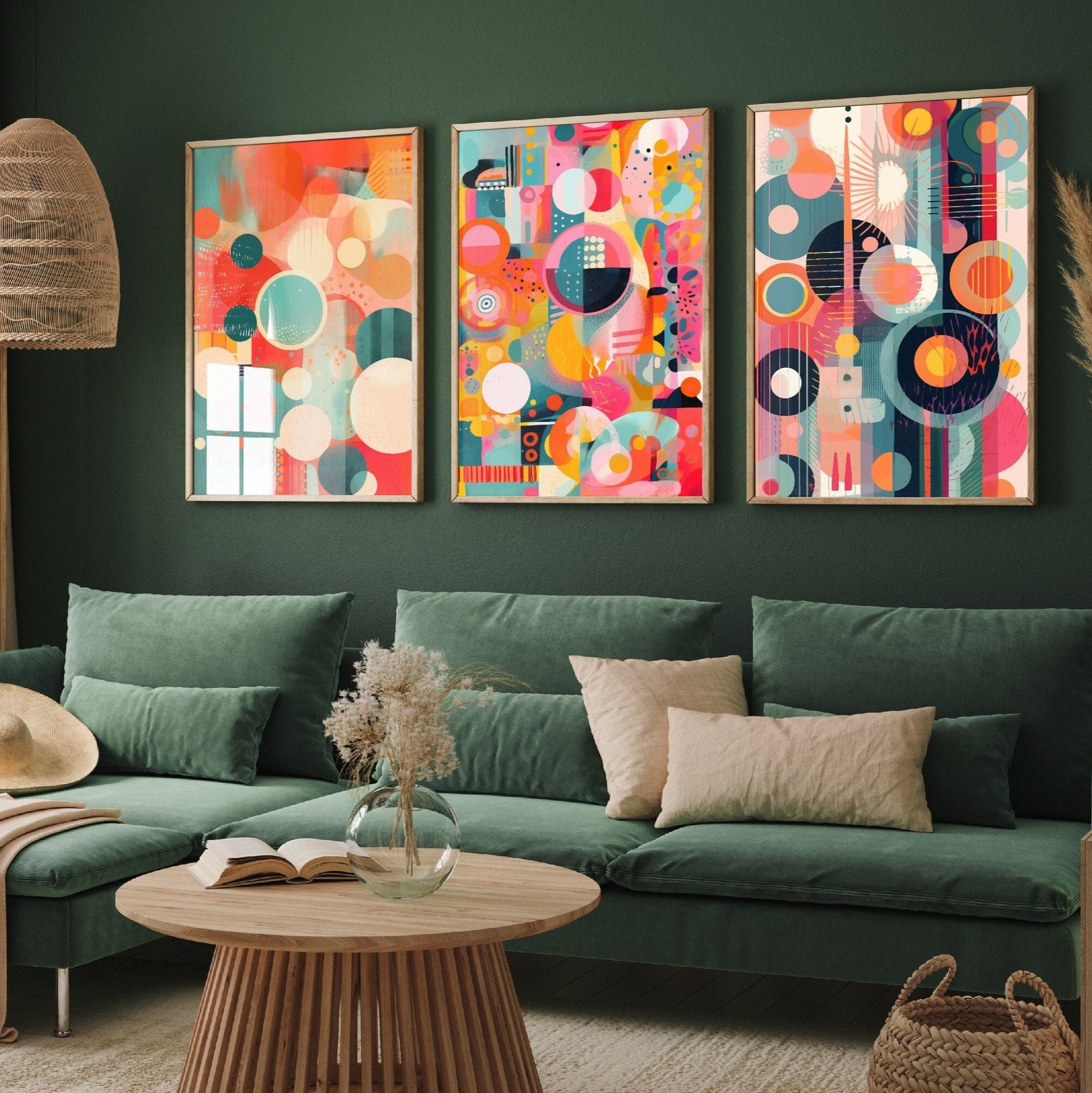 Set of Three Bright Circles Abstract Prints - 3 Minimalist Sphere Paintings - Photo Poster Wall Art Gift Giclée Museum Contemporary Decor