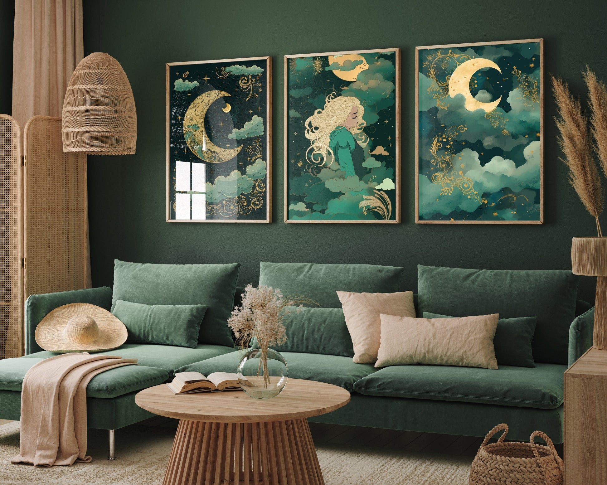 Crescent Moon in Green and Blue - Set of Three Art Prints - Green Turquoise Posters - Blonde Woman Home Wall Décor - Full Beautiful Night