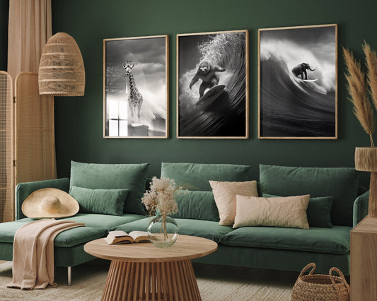 Animals Surfing Set of Three Prints - 3 Hilarious Photographs - Photo Poster Wall Art Gift Giclée - Funny Giraffe, Sloth Surfboard, Elephant