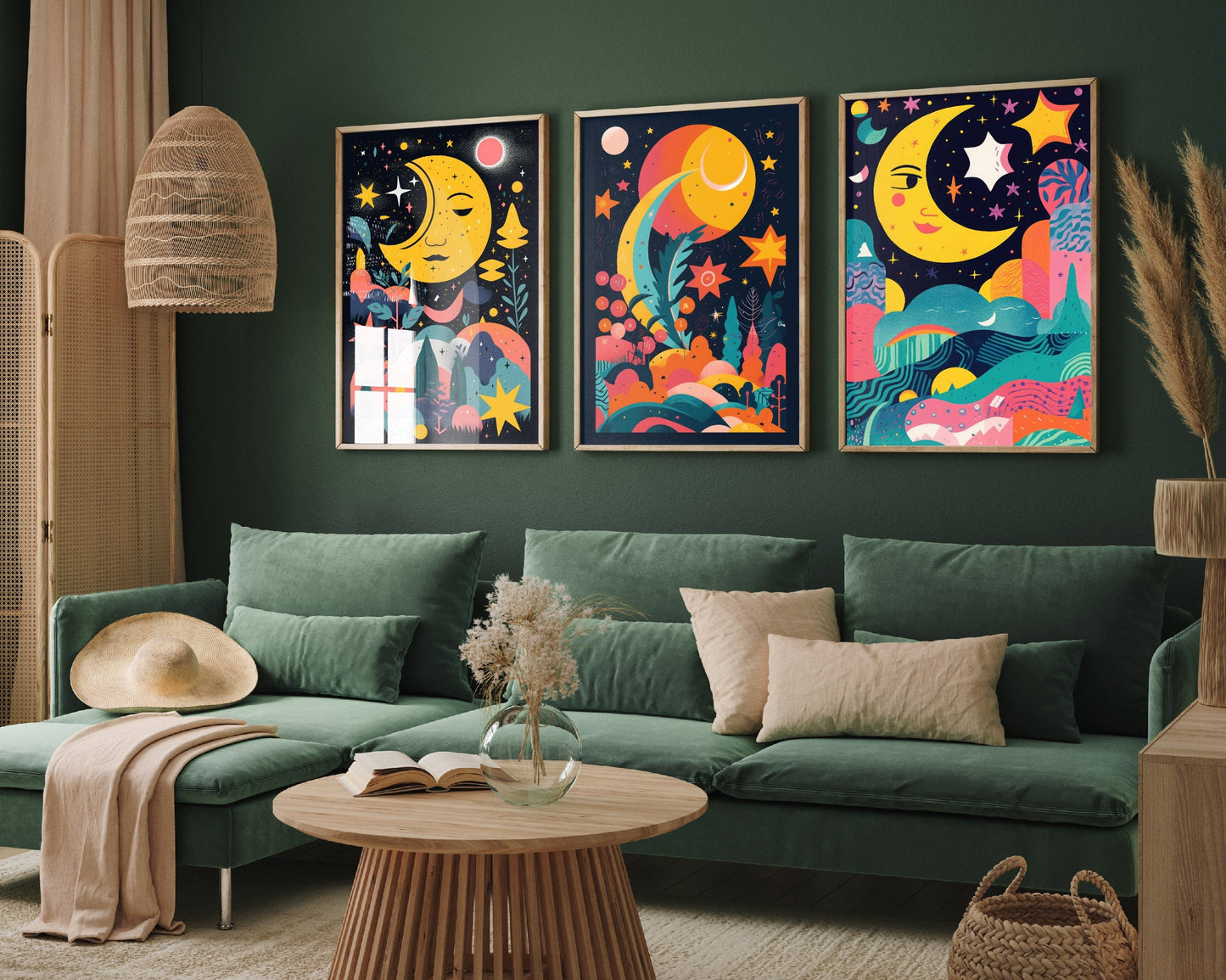 Nursery Holotone Moon and Stars Art Prints - 3 Children's Room Paintings - Photo Poster Wall Art Gift Giclée - Kids Decor Crescent Full