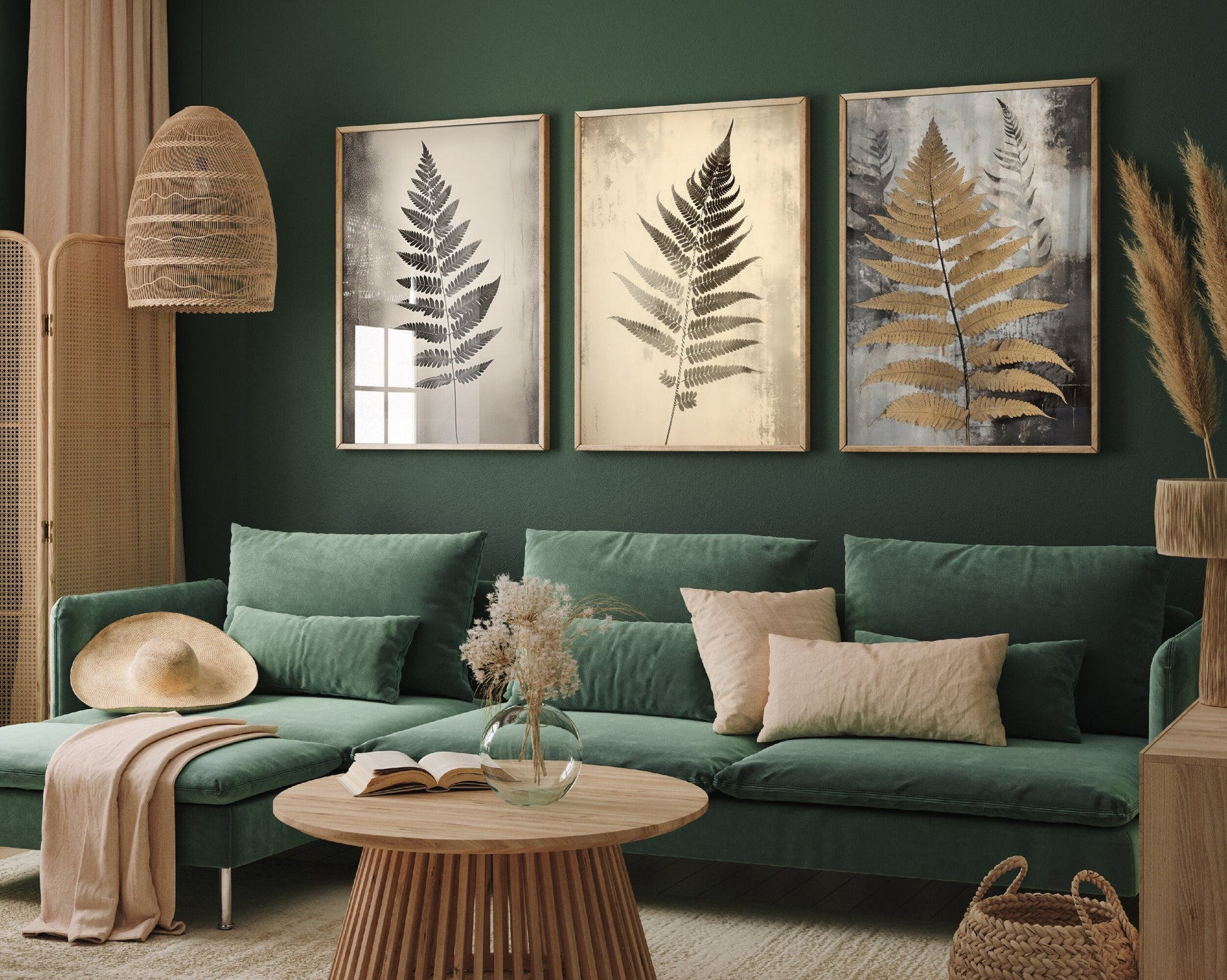 Fern Leaf Rust Set of Three Paintings - 3 Plant Flower Art Prints - Photo Poster Wall Gift Giclée Décor Beige, Gold, Organic Botanical