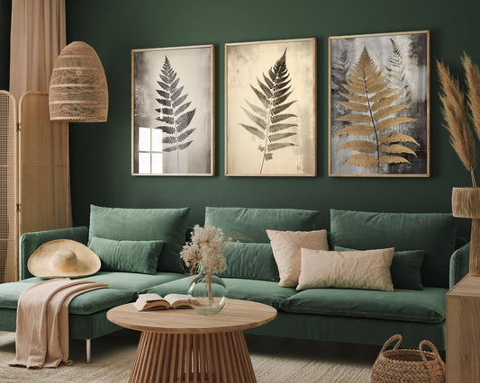 Fern Leaf Rust Set of Three Paintings - 3 Plant Flower Art Prints - Photo Poster Wall Gift Giclée Décor Beige, Gold, Organic Botanical