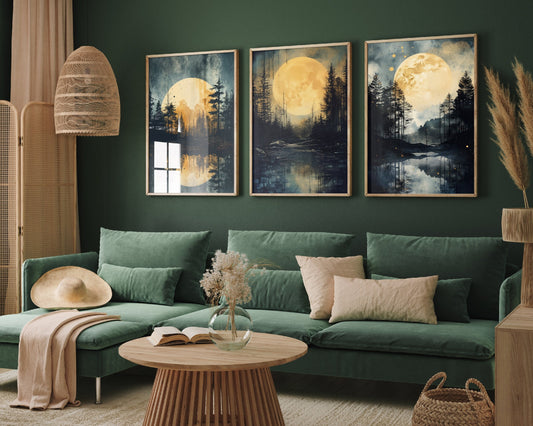 Golden Moon Over Water Set of Three Art Prints - Set of 3 Lunar Landscape Posters - Paintings Photo Poster Wall Art Gift Museum Giclee Night