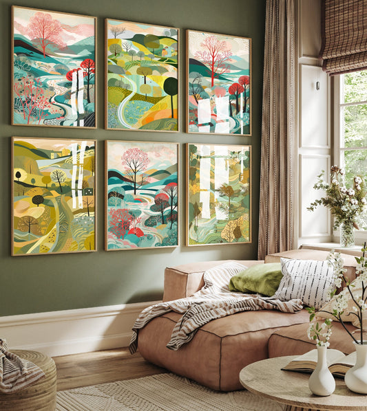 Set of Six Landscape Illustrations with Trees, Hills and Lakes - 6 Art Prints - Poster Gift Painting Artwork Home Wall Decor - Nature