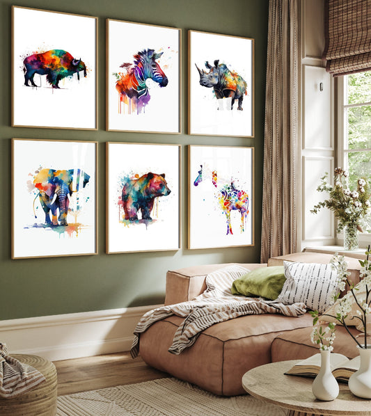 Set of Six Safari Animal Watercolour Prints - 6 Art Paintings Poster Photo Wall Museum Giclée - Elephant, Giraffe, Zebra, Zoo, Jungle