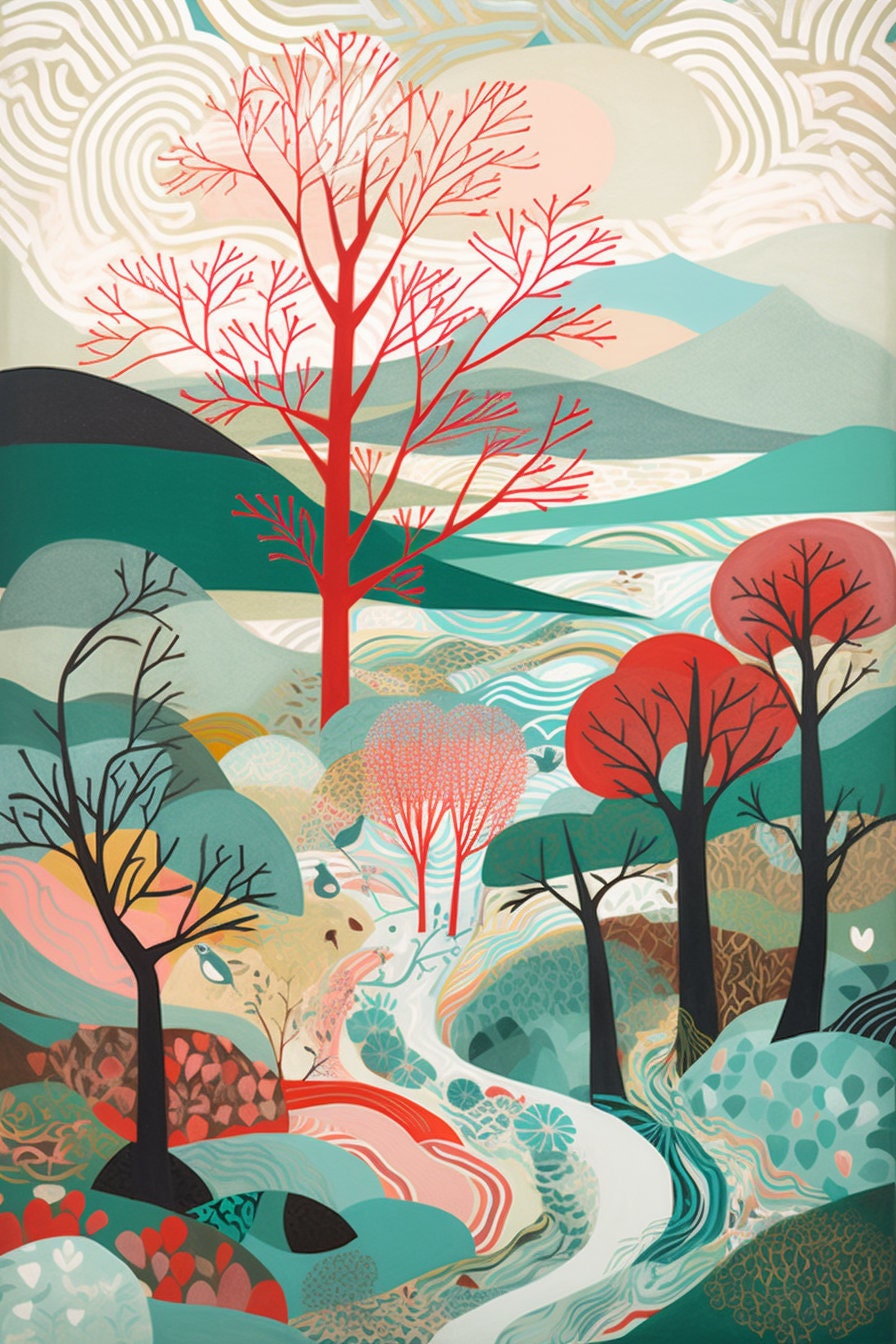 Set of Six Landscape Illustrations with Trees, Hills and Lakes - 6 Art Prints - Poster Gift Painting Artwork Home Wall Decor - Nature