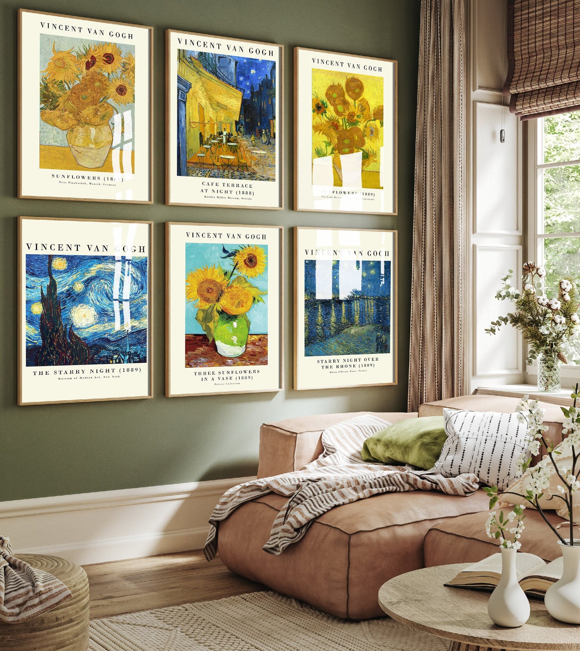 Set of Six Vincent Van Gogh Night Scene Prints - 6 Sunflower Paintings Photo Poster Wall Art Gift Giclée Museum Starry Night Rhone