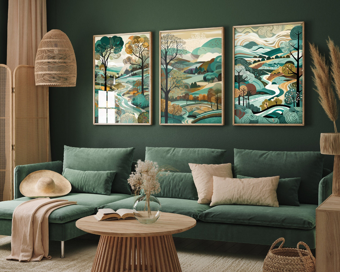 Landscape Illustrations in Teal - Set of Three Abstract Prints - Malham, Yorkshire Poster, Wales Art, Painting Valley Dales