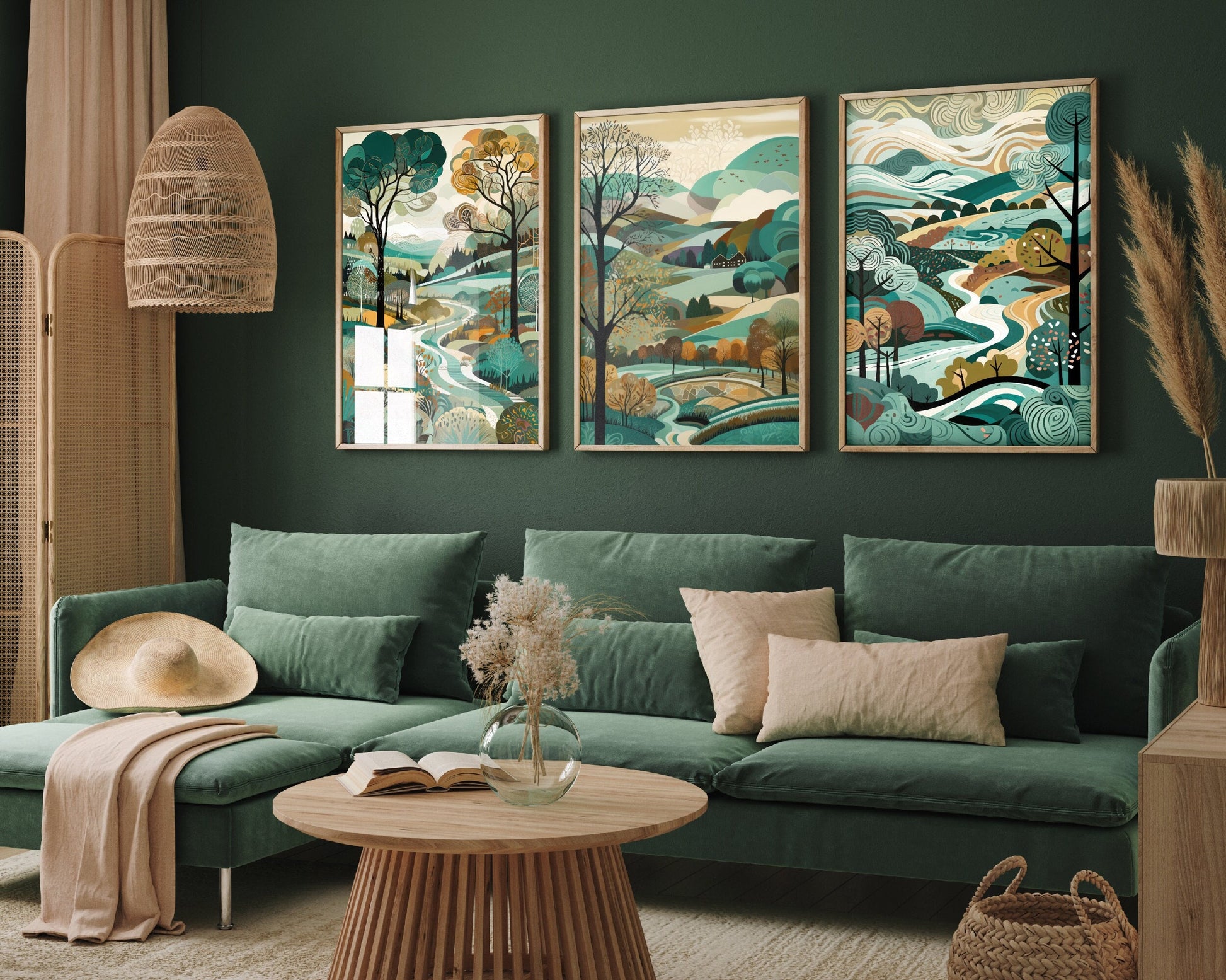 Landscape Illustrations in Teal - Set of Three Abstract Prints - Malham, Yorkshire Poster, Wales Art, Painting Valley Dales